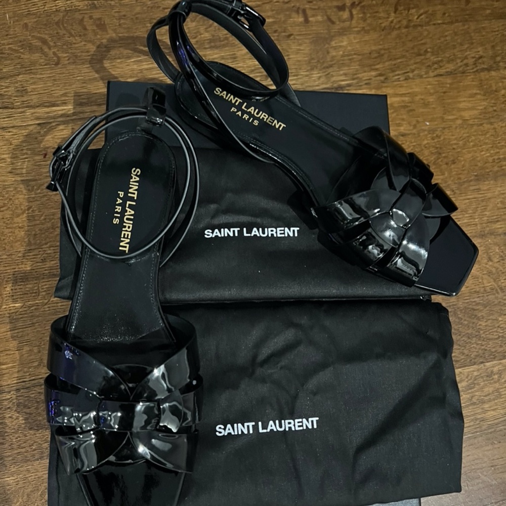 Saint Laurent Tribute Buckled Sandals Black Patent Leather Flat - Picture 2 of 5